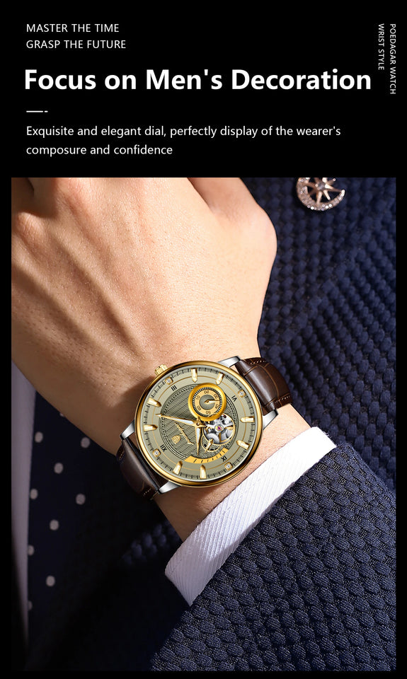 POEDAGAR Fashion Business Men Watch Waterproof Luminous Hollow Tourbillon Male Clock Automatic Mechanical Leather Men's Watches