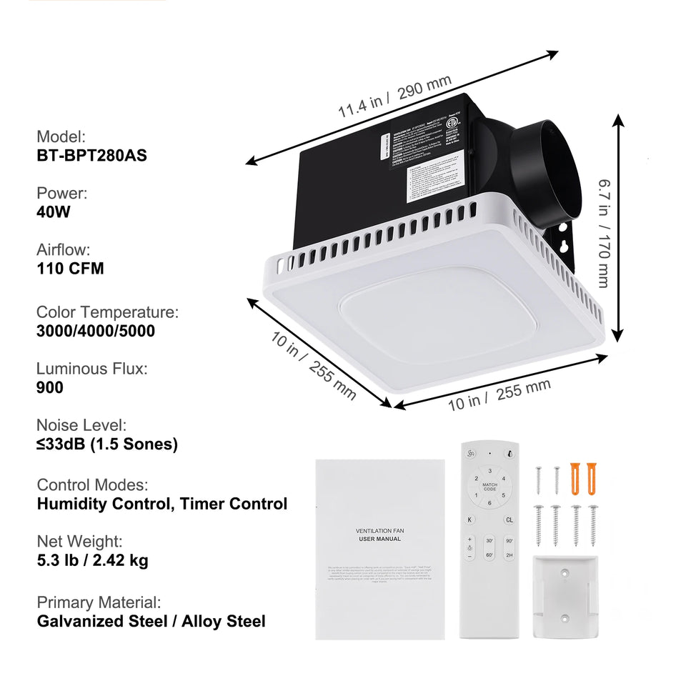 SucceBuy Bathroom Exhaust Fan 80/110CFM High-Efficiency Ventilation 1.5sones Low Noise Operation Energy-Saving Bathroom Ceiling