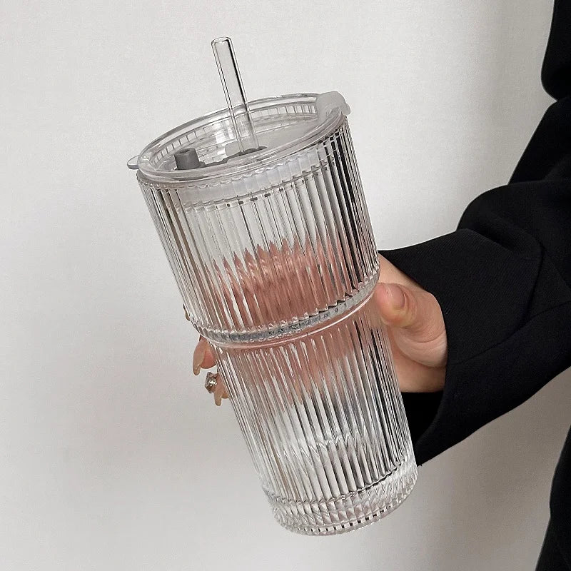 Large Capacity  Stripe Glass Coffee Cup With Lid Cover Straw Transparent Drinking Glasses For Juice Iced Coffee Mugs Drinkware