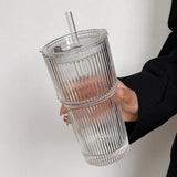 Large Capacity  Stripe Glass Coffee Cup With Lid Cover Straw Transparent Drinking Glasses For Juice Iced Coffee Mugs Drinkware