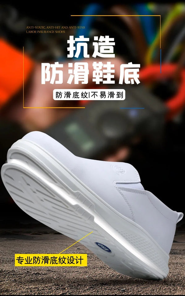 New microfiber leather PU sole anti-static white protective anti-smash anti-puncture safety shoes breathable non-slip work shoes