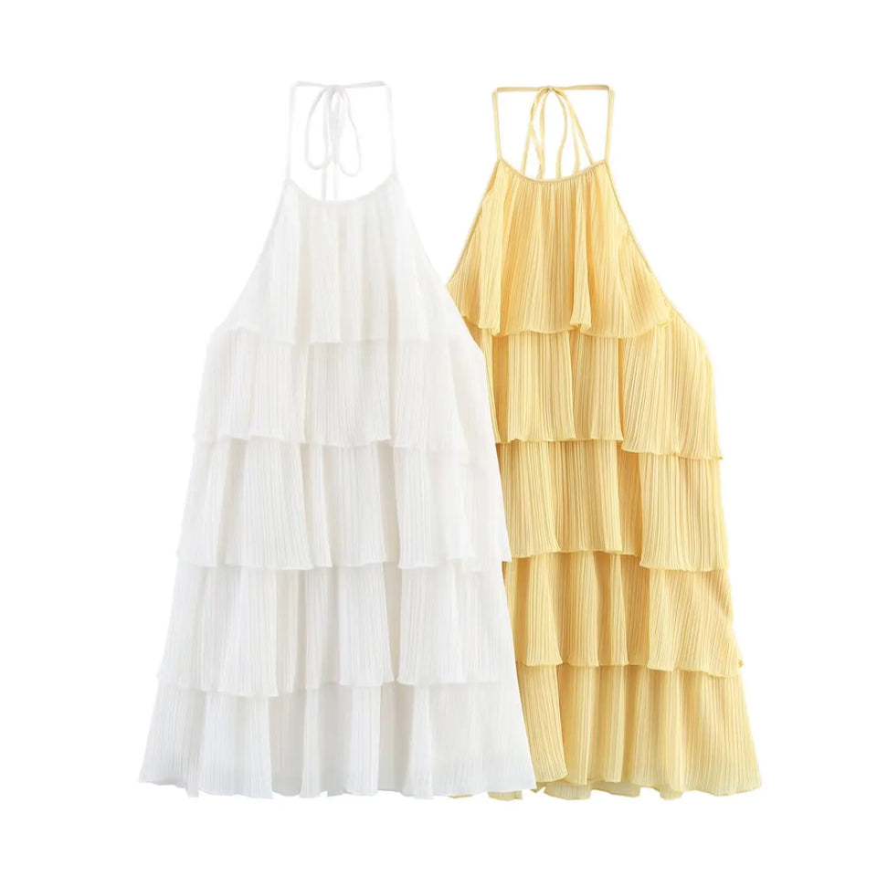 HH Women's Summer New Popular Sweet Laminated Decorative Halter Neck Dress Female Classy Sexy Backless Mini Sleeveless Dress