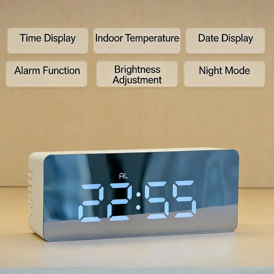 Electronic Mirror LED  Digital Alarm Clock, Temperature Date Display Mini Table Clock for Bedroom Home Office Teens Kids