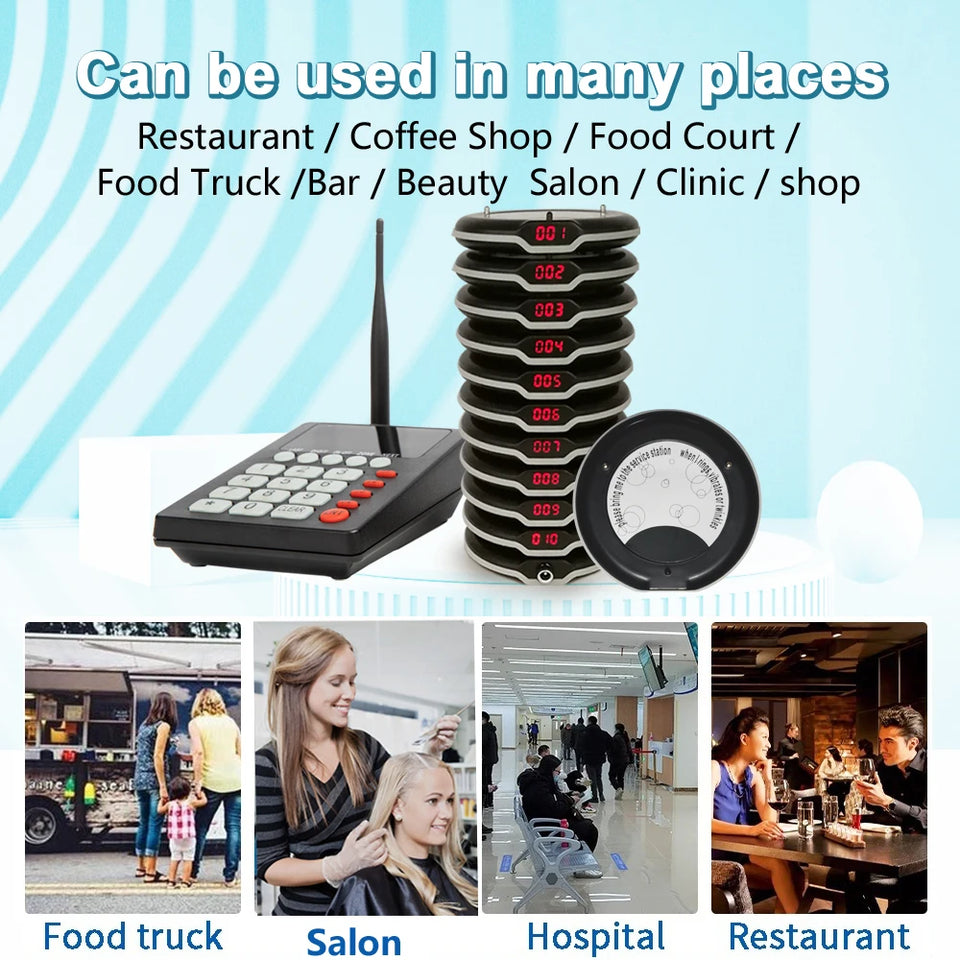 Ycall Hot Sale Wireless Restaurant Waiter Coaster Paging System 1 Keyboard 10 Vibration Pager 1 Charger Calling Service Buzzer