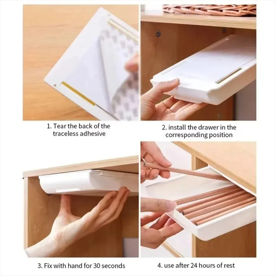 Hidden storage box, desk storage drawer, self-adhesive plastic desktop storage rack, simple clutter storage box