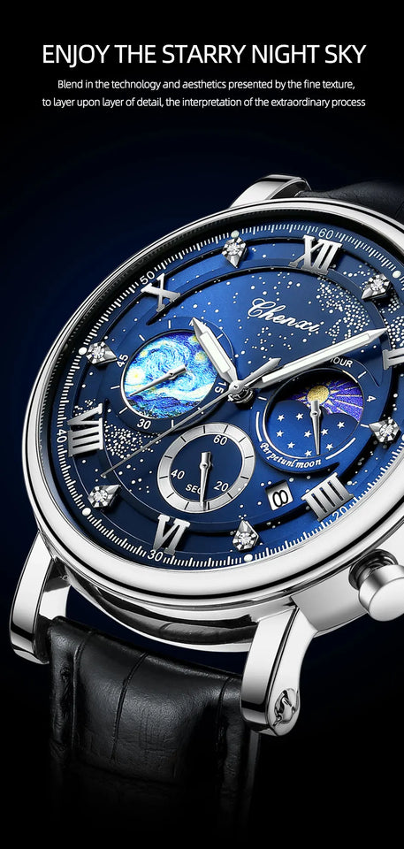 CHENXI Watches Luxury Men Waterproof Star Luminous Watch For Man High Quality Quartz Chronograph Leather Wristwatches Clock Male