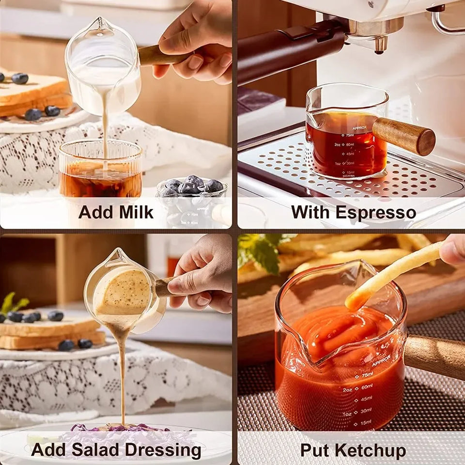 Glass Milk Cup Fine Espresso Small Glass Measuring Cup Double Spout Milk Jug Wooden Handle and Scale Coffee Latte Extraction Cup