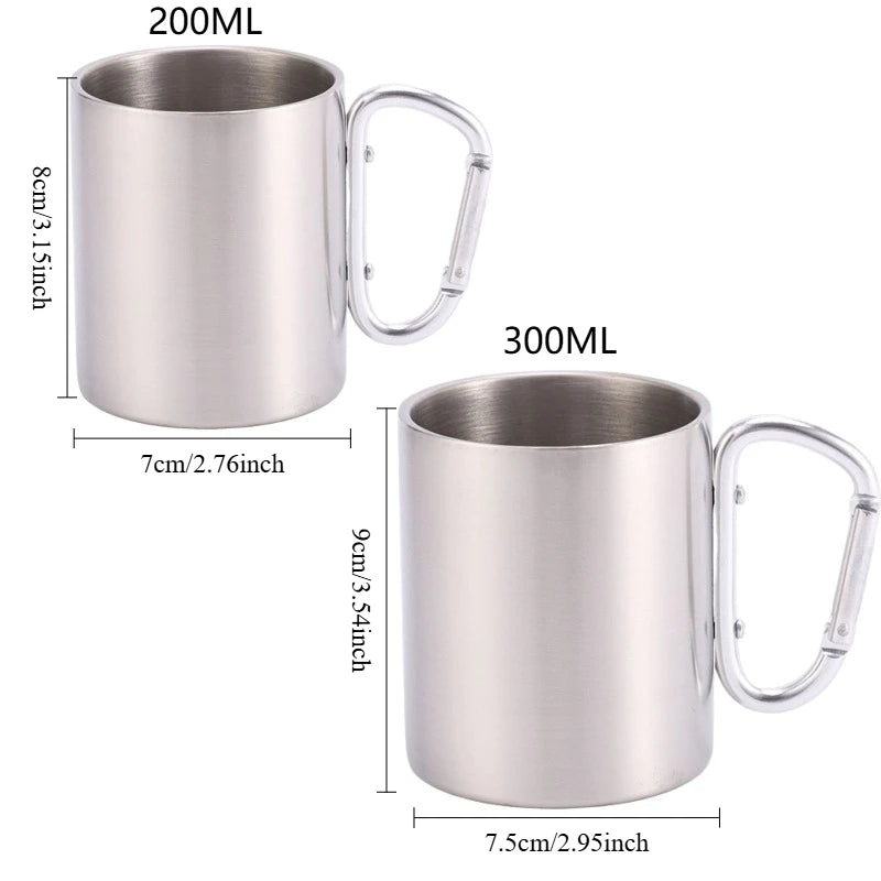 Stainless Steel Mountaineering Water Cup Button Coffee Camping Mug with Carabiner Handle Climbing Hiking Backpacking Travel Cups
