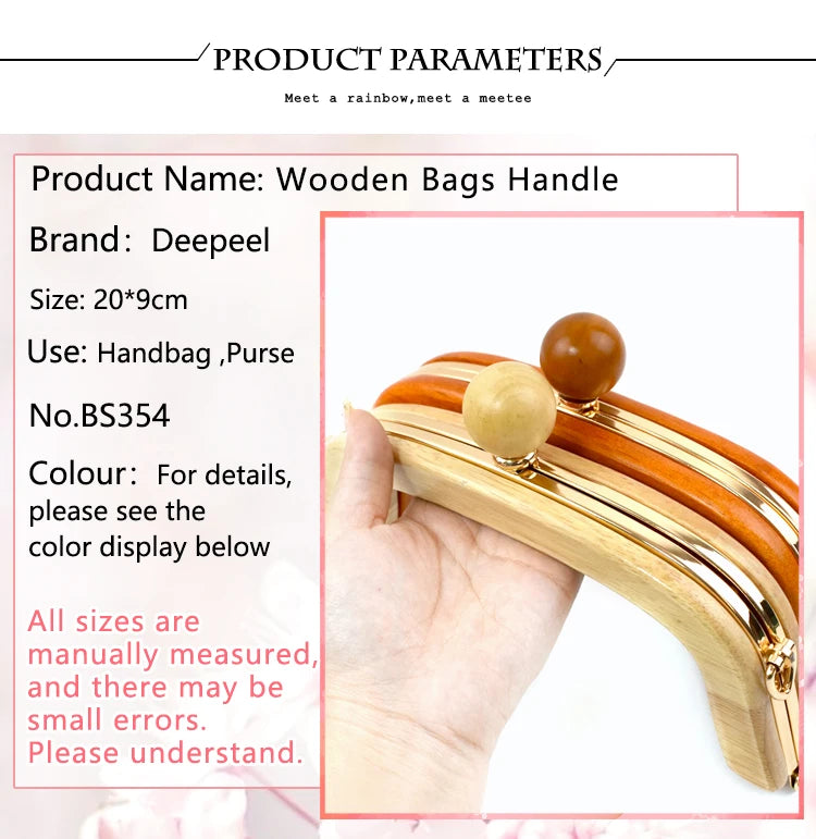 1Pc 20.5cm Wood Purse Frame Wooden Bead Bag Handles Metal Screws Wallet Closure Clip Kiss Clasp DIY Handmade Bags Accessories