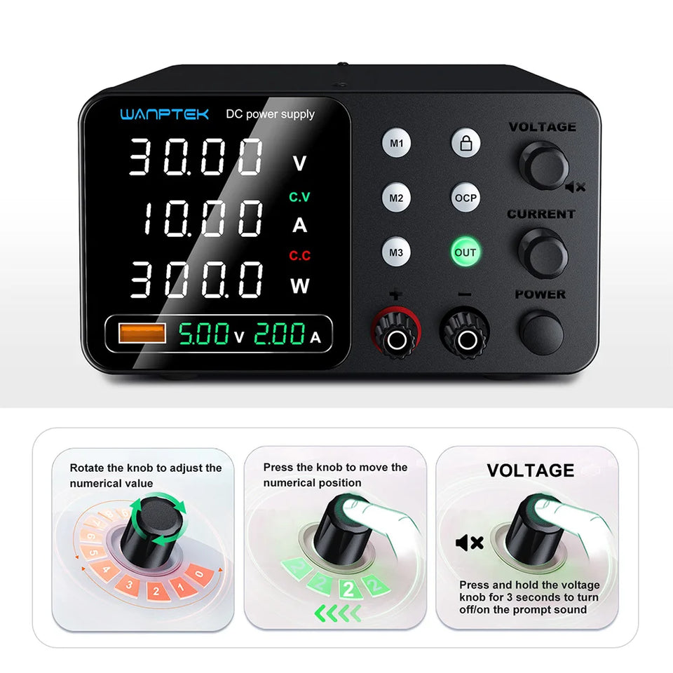 Wanptek Adjustable DC Power Supply 30V 60V 5A 10A Lab Bench Power Supply USB Interface Fast Charging Preset Voltage and Current