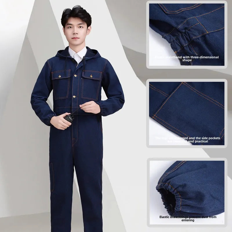 Thickened one-piece denim workwear, wear-resistant labor protection clothing, men's dust-proof auto repair crew clothing, workwe