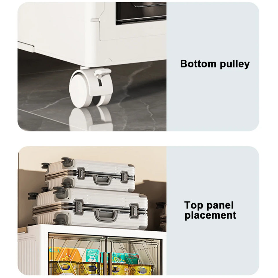 4 Tier Folding Storage Boxes with Doors & Wheels Plastic Storage Containers Foldable Organization for Living Room Bedroom Office