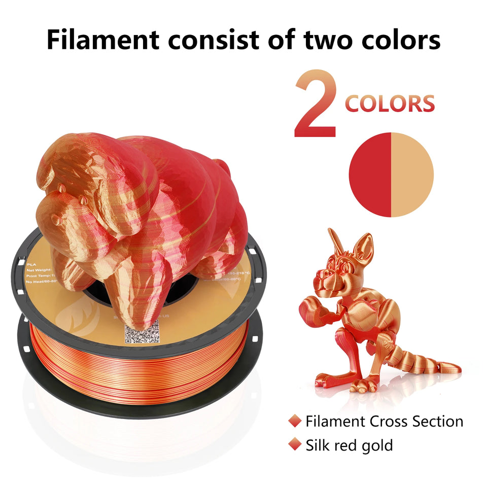 KINGROON Dual-color Silk PLA Filament 1.75mm 2 Color Coextrusion Glossy 3D Printer Filament PLA, 3kg/pack 1kg each spool