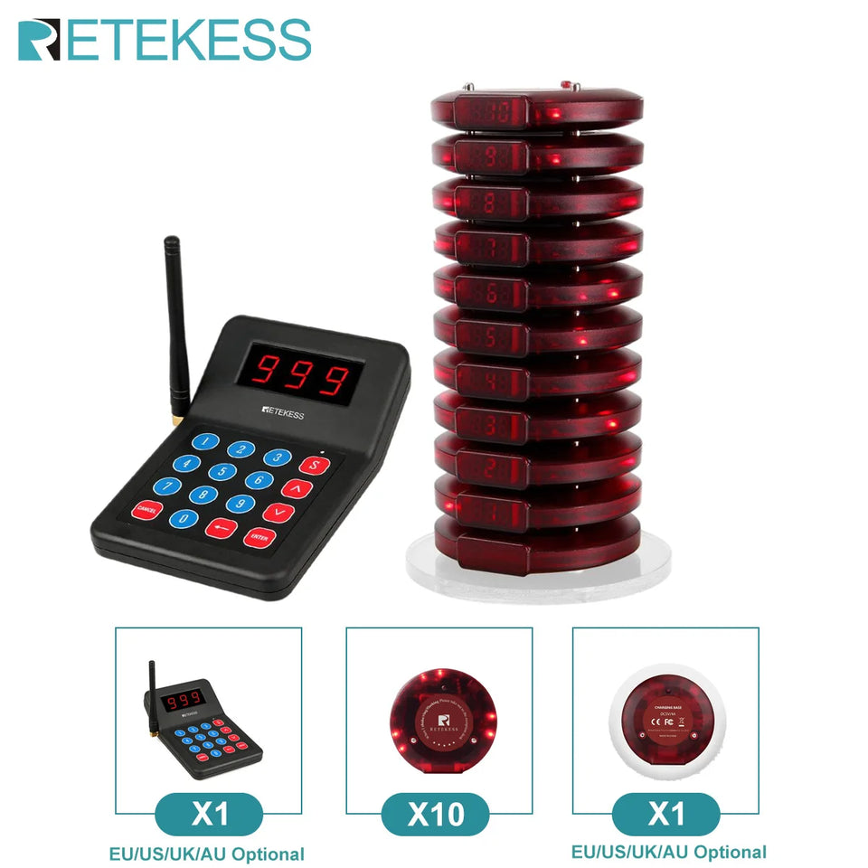 RETEKESS T119 Wireless Restaurant Paging System Coaster Vibrater Buzzer Receiver 2-Way Charge for Cafe Food Trucks