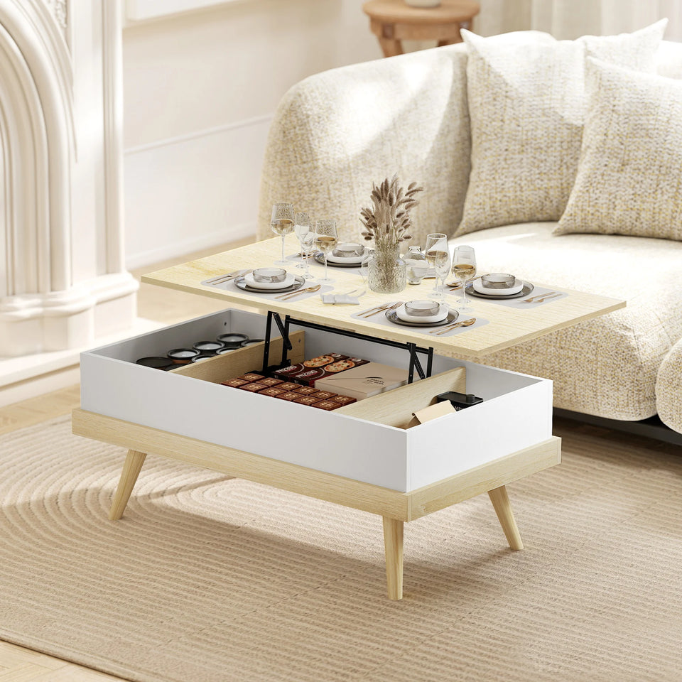 Homcom Liftable Coffee Table with 3 Hidden Storage Compartments and Wooden Legs 100X79X54 cm Natural and White