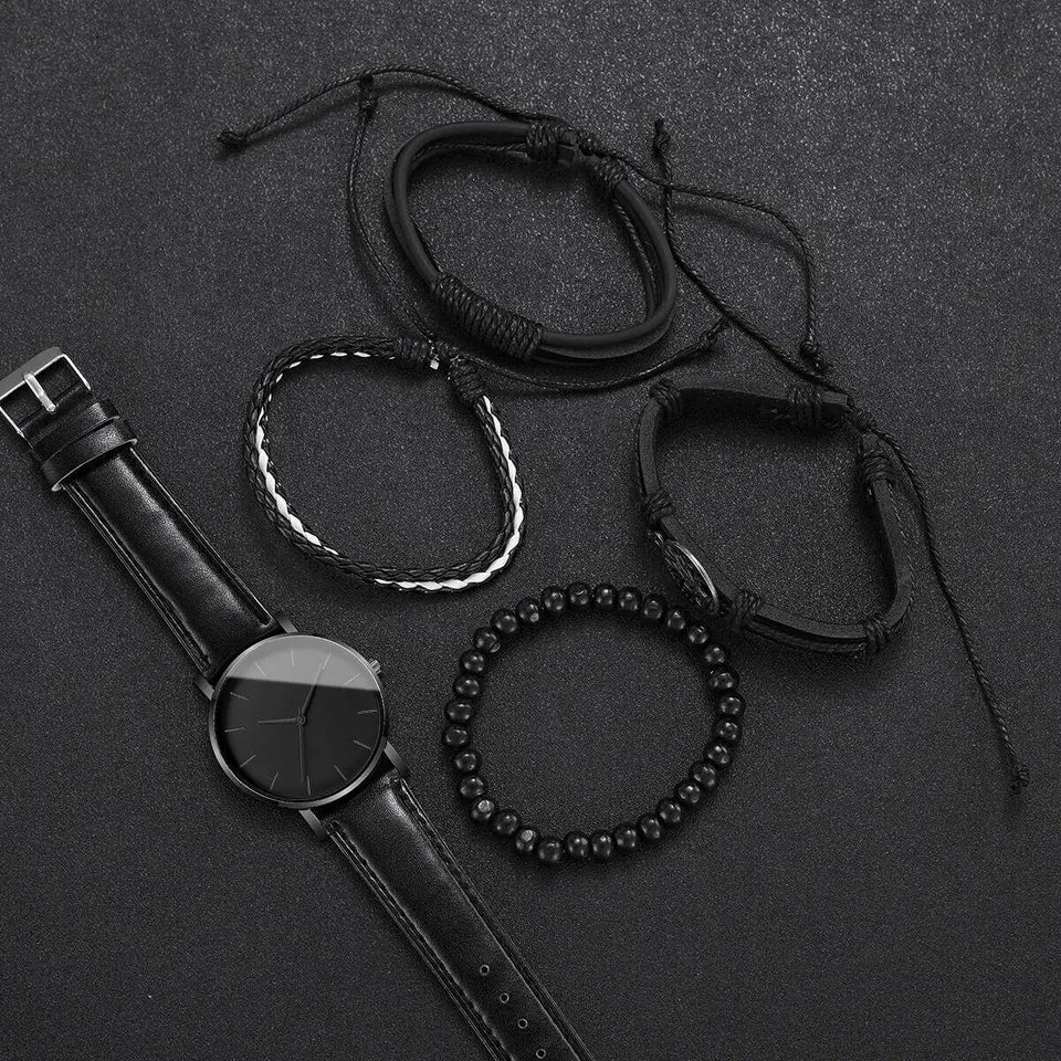 4/5PCS Fashion Leather Strap Men Business Watches Casual Mens Quartz Watch Vintage Bracelets Set Reloj Hombre（Without Box）