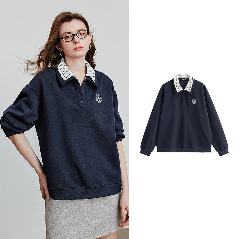 TOYOUTH Women Sweatshirt 2025 Autumn New Green Velvet Embroidery Contrasting Color Splicing Double Layer Collar Pullover Hoodies