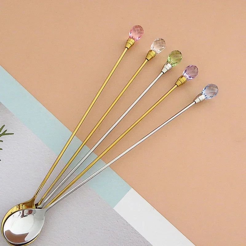 Crystal Spoon Set Long Handle Teaspoon 430 Stainless Steel Diamond Ice Spoon Perfect for Dessert Ice Cream Coffee Cocktail커피