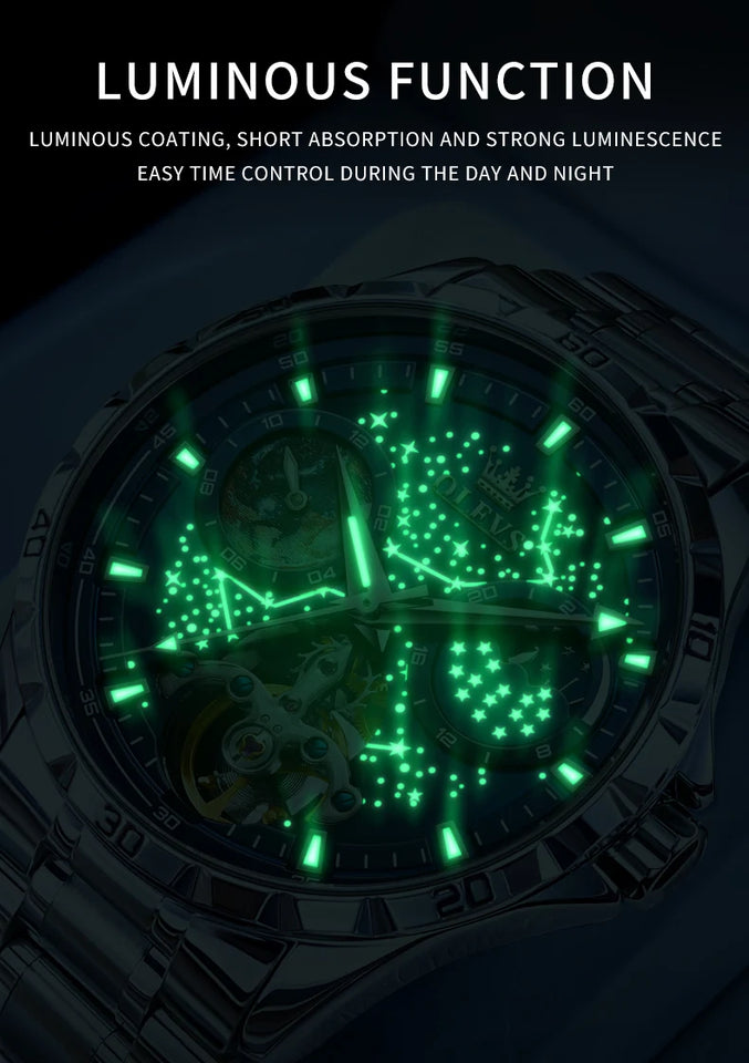 OLEVS 6689 Original Brand Men's Watches Starry Sky Disk Waterproof Luminous Automatic Mechanical Wristwatch Moon Phase Man Watch