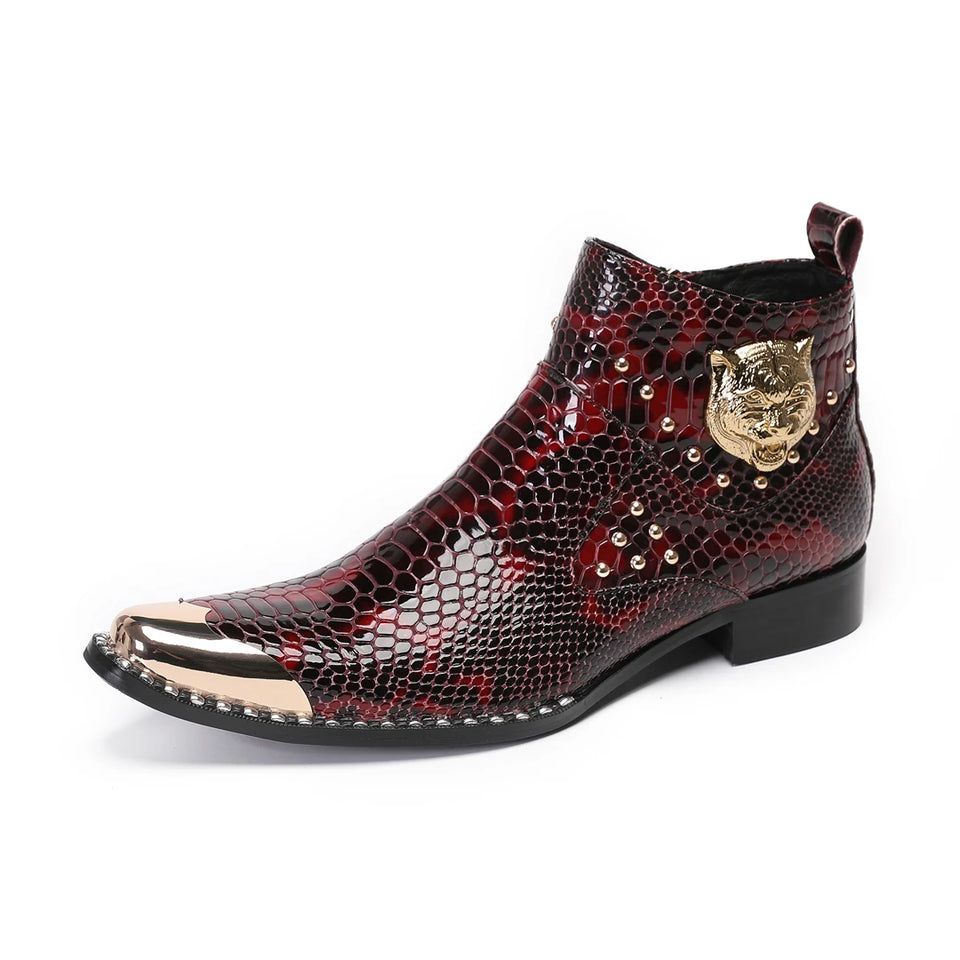 Punk Style Genuine Leather Men Ankle Boots Iron Black Slip On Men Dress Boots Italian Formal Fashion Men Chelsea Boots Pointy