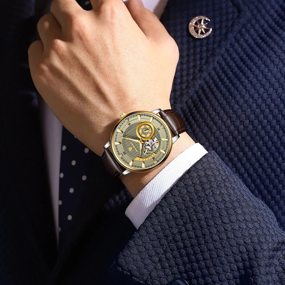 POEDAGAR Fashion Business Men Watch Waterproof Luminous Hollow Tourbillon Male Clock Automatic Mechanical Leather Men's Watches