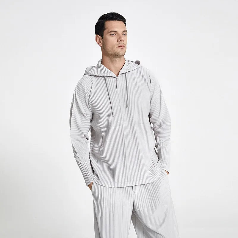 Miyake Pleated Men's Sweatshirt Hoodie Classic Pleated 2025 Summer New Tops Loose Casual Simple Drawstring Pullover Hoodie Male