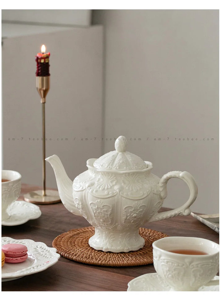 Ceramic European Style Tea Set French Relief Butterfly Flower Palace Pot Black Tea Cup Afternoon Tea Coffee Cup and Plate