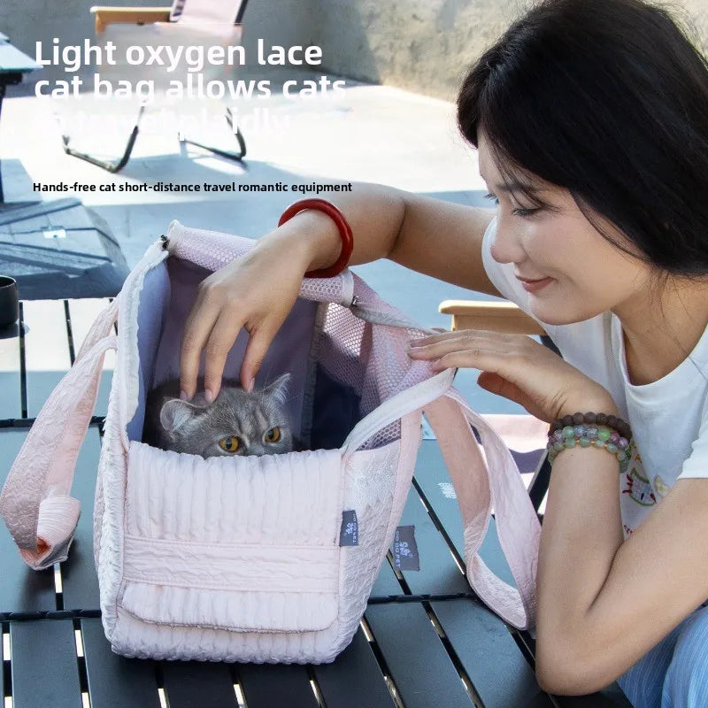 Pink Lace Cat Carrier Pet Backpack Breathable Small Dog Bag Shoulder Handheld Outing Pet Seat Carrier Pack Puppies Breathable