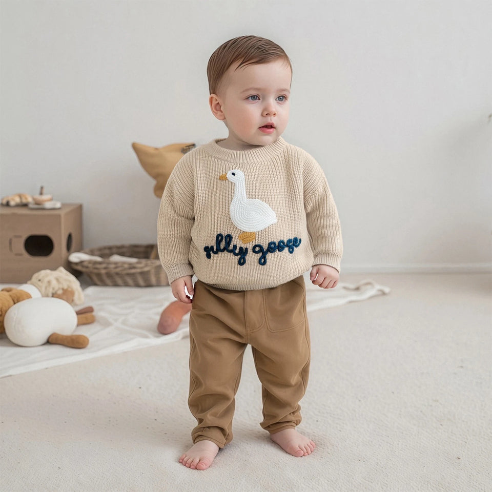 0-3T Toddler Baby Boy Girl Knit Sweater Silly Goose Embroidery Long Sleeve Knitted Sweatshirt Warm Fall Winter Clothes