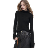 ELFSACK 2025 Winter New Arrivals Elegant Minimalist Classic Slim Fit Half High Neck Solid Gold Button Cuff Knit Sweater For Wome