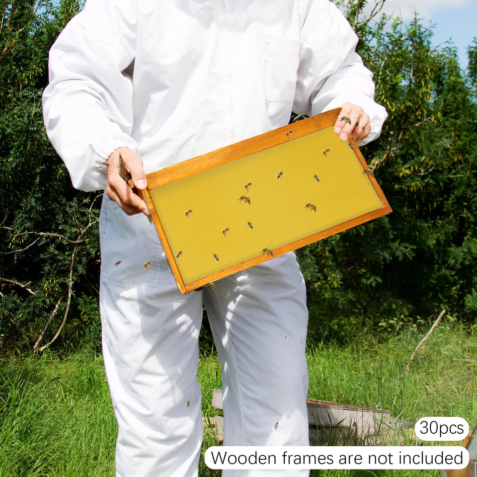 30-Pack Natural Beeswax Hive Foundations Beekeeper's Starter Kit 7.68x16.34" Beekeeping Sheets for Increased Honey Production