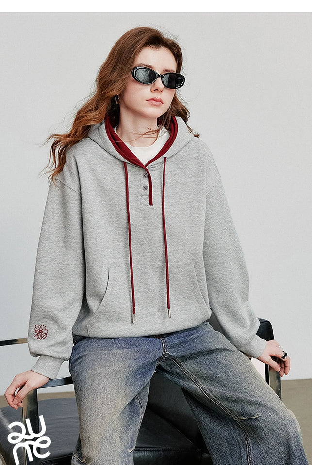 TOYOUTH Women Hoodies Sweatshirt 2025 Autumn New Contrasting Color Embroidery Splicing Hooded Pullover Tops