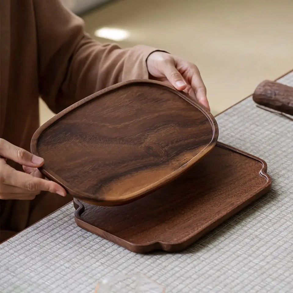 Retro Walnut Tea Tray Wooden Round Serving Platter Tray Leaf Storage Wooden Tea Tray Plate Tea