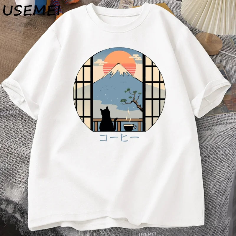 Coffee Cat in Mt Fuji T-shirt Men Women Round Neck Short Sleeve Tshirt Japanese Style Printed T-Shirt Cotton Oversized Tops