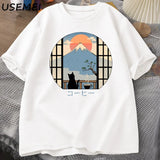 Coffee Cat in Mt Fuji T-shirt Men Women Round Neck Short Sleeve Tshirt Japanese Style Printed T-Shirt Cotton Oversized Tops