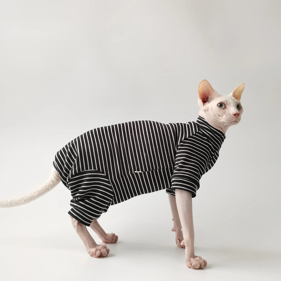 Four Legged Striped Shirt Hat Tail Cover Suit for Sphynx Cat Spring Black Sweatshirt for Kittens Hairless Warm Autumn Costumes