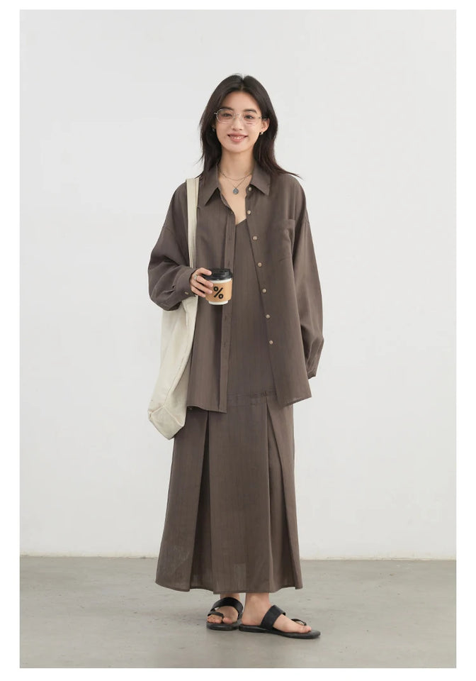 CHIC VEN Women Dress Sets Stripe Shirt Loose Casual Long Sleeve Sunscreen Blouses Camisole V-neck Dresses Spring Autumn 2025