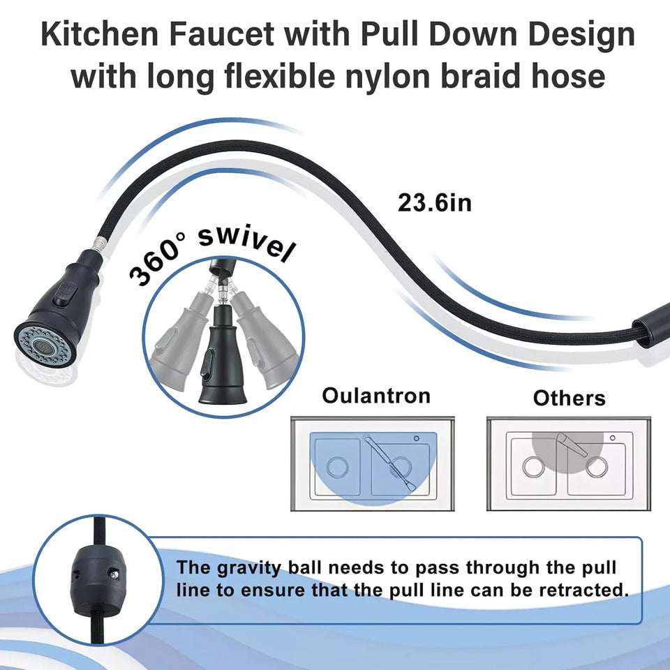 Matte Black Kitchen Sink Faucet with Pull Down Sprayer 1 Handle 2 Hole Mixer Tap Hot and Cold Taps