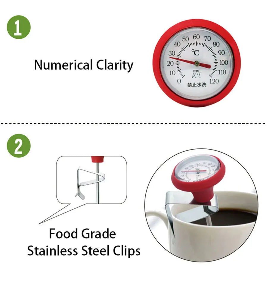 Coffee Milk Thermometer 0-120°C | Stainless Steel Digital-Free Temperature Gauge with Clip for Espresso, Latte, Tea & Hot Drinks