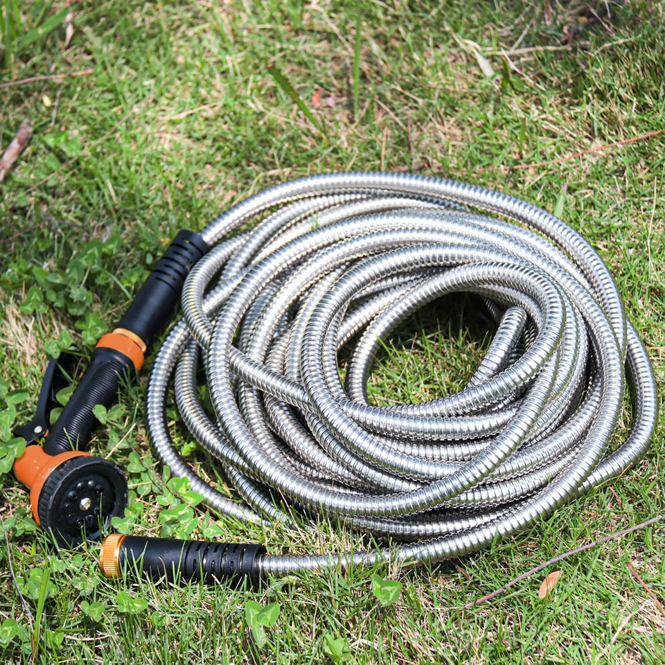 Garden Hose Stainless Steel Water Hose with 10 Functions Adjustable Spray Nozzle Heavy-Duty Metal Garden Hose for Yard Lawn