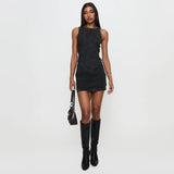 2025 Sexy American Y2K Washed Denim Lace-up Tank Dress Spring New Slim Fit Pencil Mini Skirt Streetwear Chic