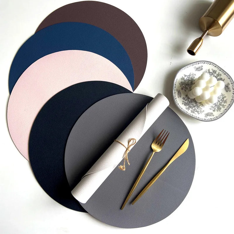 1/6/10 Sets Round PU Leather Placemats & Coaster Set Oil-Proof Waterproof Insulation Mat for Kitchen Coffee Shop Christmas Decor