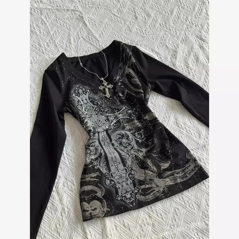 Retro Hip Hop Y2K T-Shirts Fashion Women Sexy Long Sleeve Gothic Vintage Punk Streetwear Tops Casual Slim Hot Girl Autumn Tees