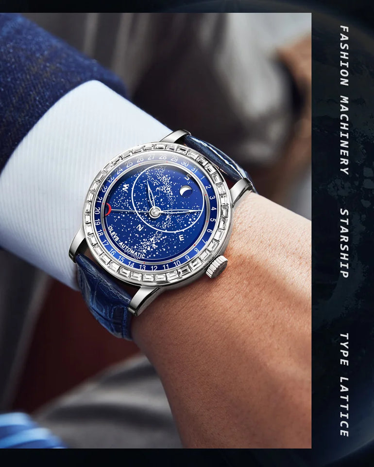 OLEVS 9923 Moon Phase Automatic Mechanical Watches for Man Fashion Leather Strap Waterproof Starry Sky Blue Luxury Men's Watches