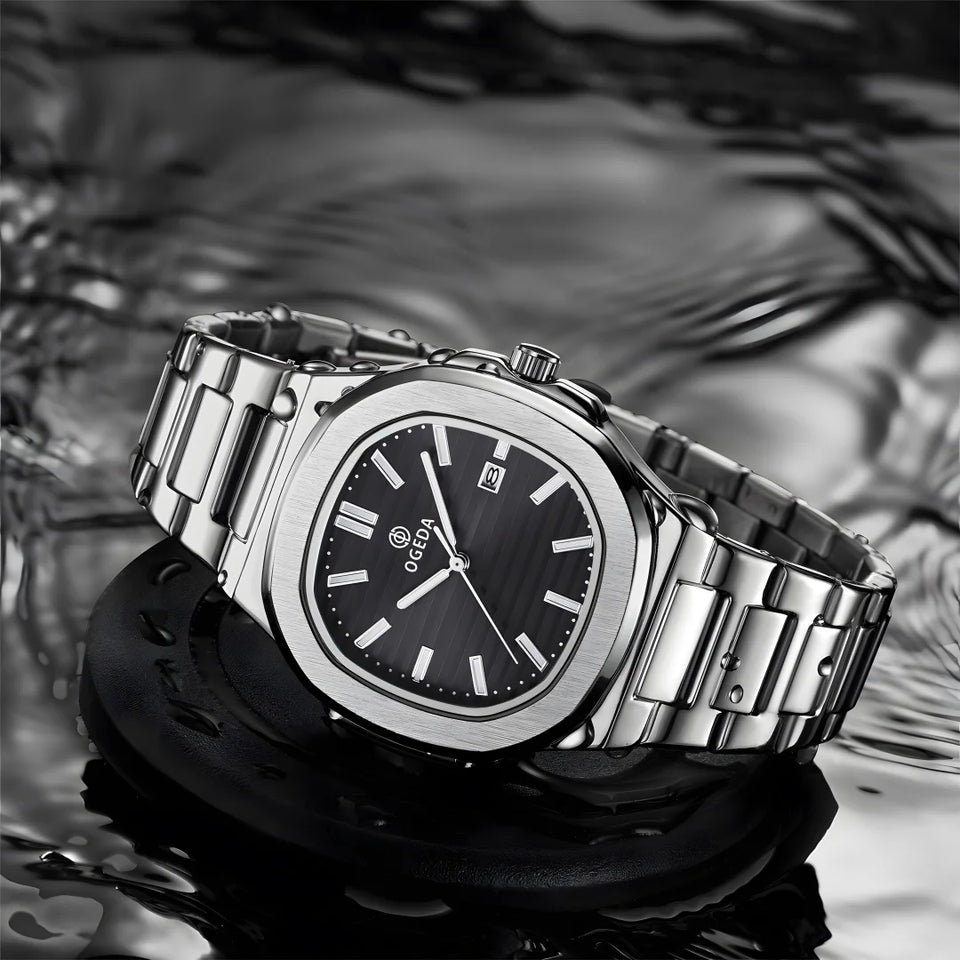 OGEDA 2024 new 40MM square men's quartz watch glass stainless steel waterproof 3Bar luminous C3 reloj hombre watches for men