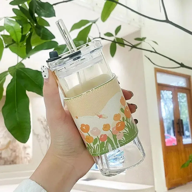 1Pcs Square Heat Resistant Coffee Glass Cup  With Lid and Straw Transparent Milk Tea Juice Cups For Home Bar Drinkware