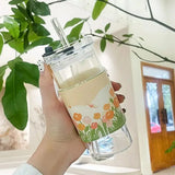 1Pcs Square Heat Resistant Coffee Glass Cup  With Lid and Straw Transparent Milk Tea Juice Cups For Home Bar Drinkware