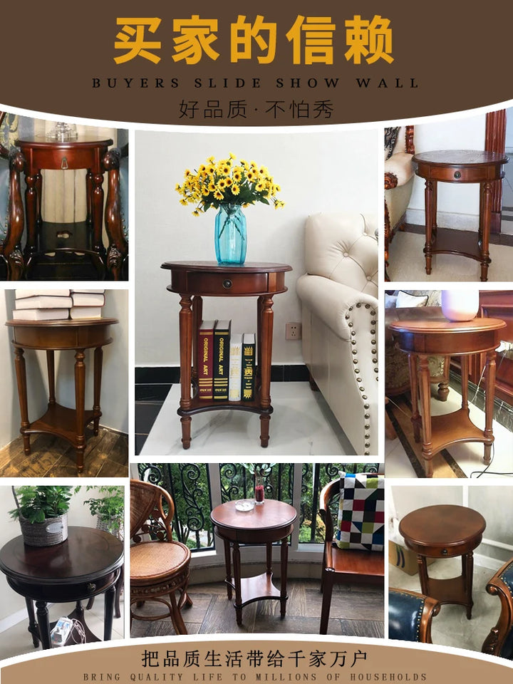 Solid Wood Sofa Side Table American Living Room round Desk European-Style Coffee Surface Casual Telephone Shelf for Entryway