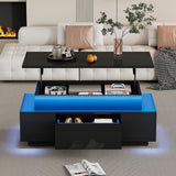 KOMHTOM Black height adjustable coffee table high gloss coffee table with hidden storage, drawer and LED lighting