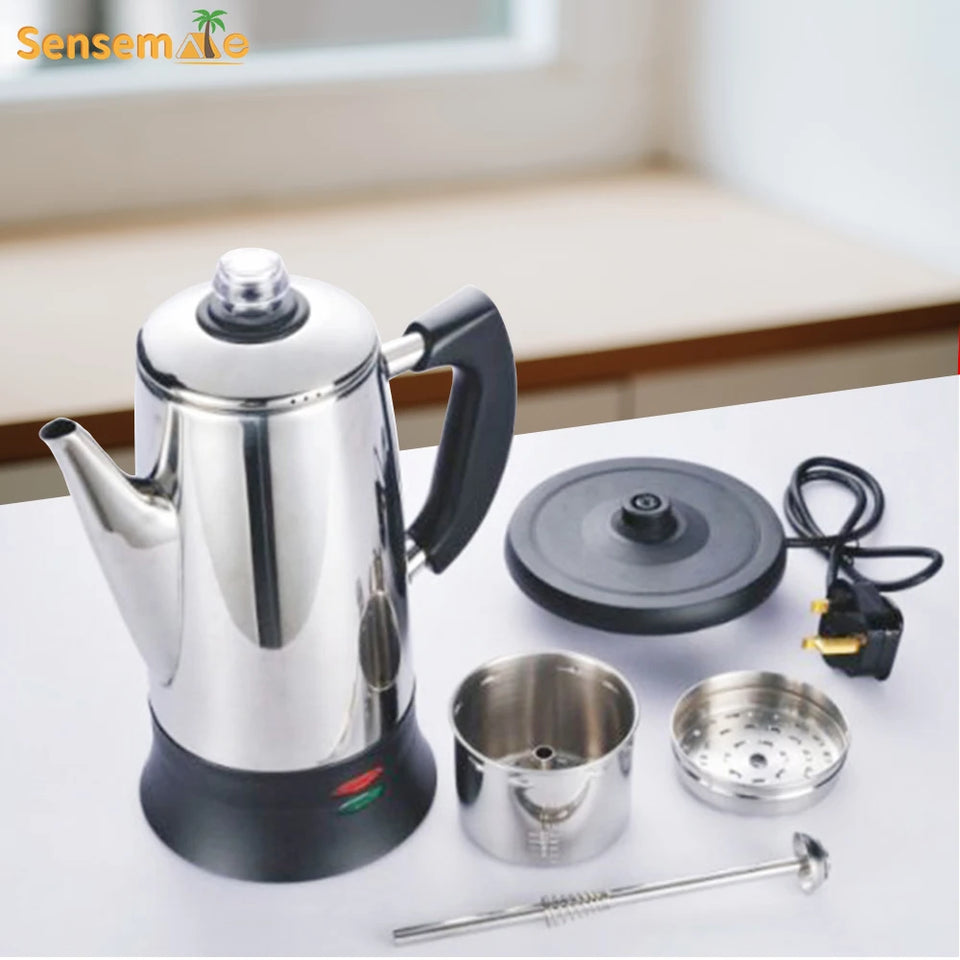 Electric Percolator 1.8L 12Cup Italian Coffee Maker Stainless Steel Quick Heating Reusable Filter Basket Fast Brew Home Office